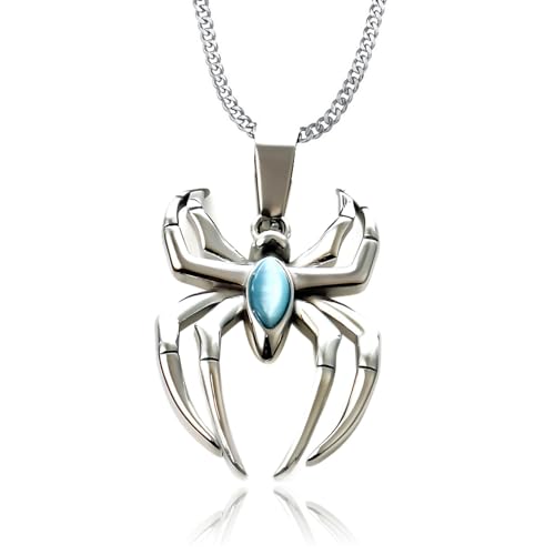 Spider man Fans Rejoice Light Blue Cubic Zircon Inlaid Necklace,Durable Stainless Steel Chain for Affordable Superhero Style(Silver)