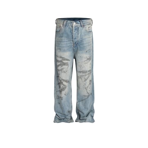 High Street Unisex Long Pants Washed and Distressed Straight Leg Mud Dyed Jeans