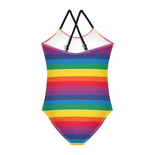 senya Girls Swimsuits One-Piece Swimwear Tie Bathing Suit Beach Summer Round Neck 5-6T Rainbow Horizontal Stripes Pattern2