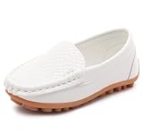 LONSOEN Toddler/Little Kid Boys Girls Soft Synthetic Leather Loafer Slip-On Boat-Dress Shoes/Sneakers,White,SHF103 CN28