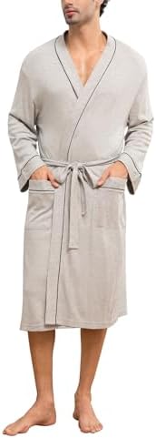 Mens Lightweight Robe Cotton Blend Kimono Bathrobe with Pockets, Soft Breathable Absorbent Loungewear for Home