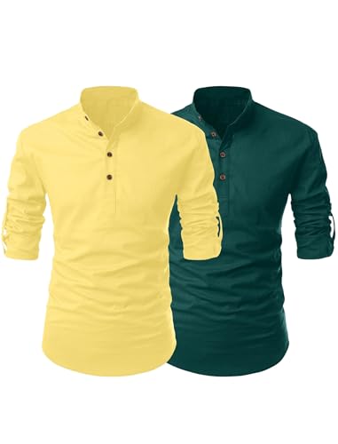 Image of FINIVO FASHION Combo of Men's Cotton Blend Solid Regular Fit Full Sleeve Straight Short Kurta Shirt, Casual and Formal Wear