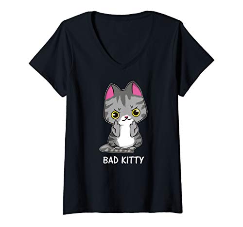 Womens Bad Kitty - This Cat is One Naughty Kitty Feline Lover Funny V-Neck T-Shirt