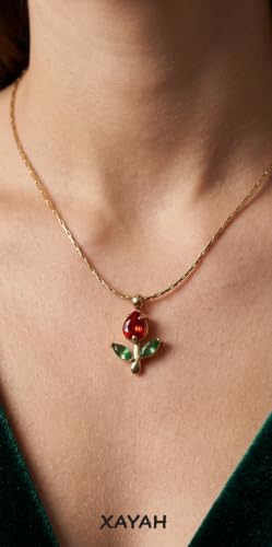 Image of Xayah Tulip Pendant Necklace for Women, Mini Red Crystal Flower Charm with Green Leaf Accents, Gold-Toned Chain, Stainless Steel Anti Tarnish Waterproof Hypoallergenic, Gift for Her