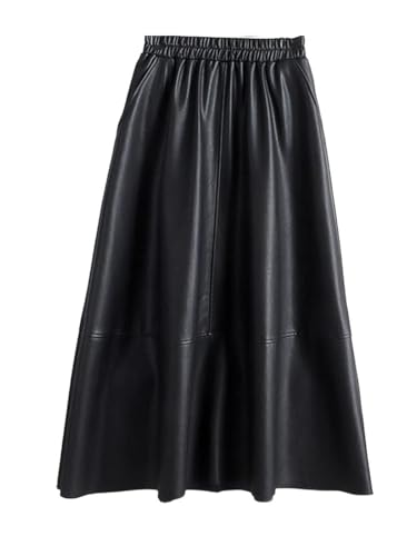 Women Patchwork High Waist Faux Leather Midi Skirt Elegant Party A Line Skirt with Pockets