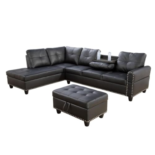 Image of L-Shaped 3-Piece Faux Leather Sofa with Ottoman, Sectional Couch Set for Living Room, Office, Apartment, with Cup Holder, Black