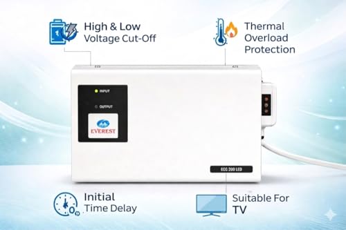 Image of Everest ECC 200 LED Voltage Stabilizer for TV up to 98 Inches, Set-Top Box & Home Theatre /Gaming Console | Wall Mount, Advanced Protection & Noiseless | White (Working Range : 90 V to 290 V)