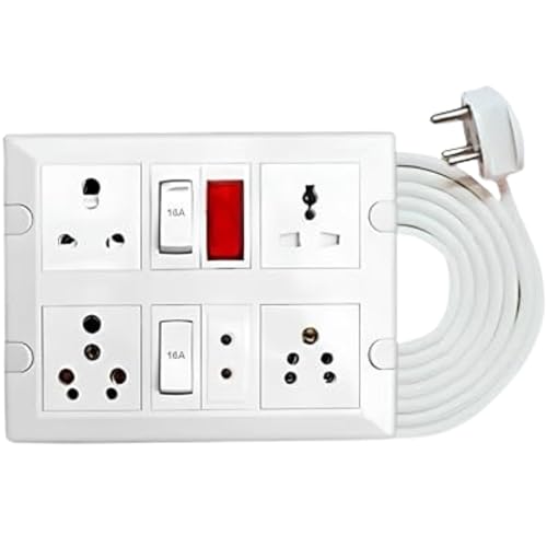 Image of Elegant Casa 6+16 Amp Electric Extension Board 4 Indian and Universal Sockets with Switches, Indicator Light for Small and Large Appliances with 16 Amp Plug Top 3 Core 2.5 Mm,3 Meter Copper Wire