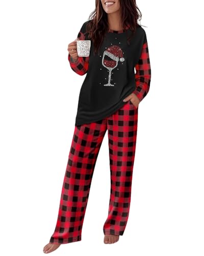 CHICME Women's 2 Piece Pajama Set Long Sleeve Pj Sets Christmas-Black-S