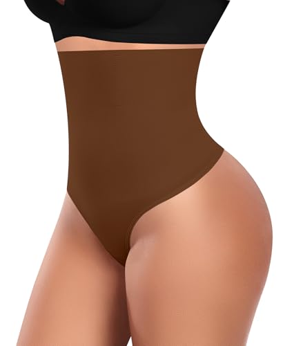 YARRCO Tummy Control Thong Shapewear for Women High Waist Seamless Shaping Control Knickers Slimming Underwear Pant Tummy Tuck Thong Invisible (#1 Brown,L)