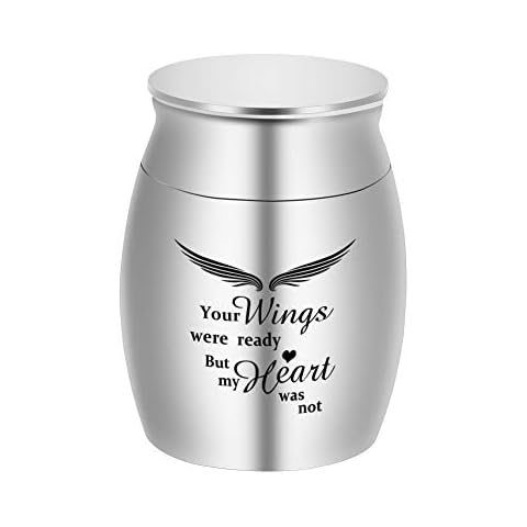 Dletay Small Keepsake Urns for Human Ashes 1.57 Inch Mini Cremation Urns for Ashes Stainless Steel Memorial Ashes Holder-Your Wings were Ready, But My Heart was Not Cover