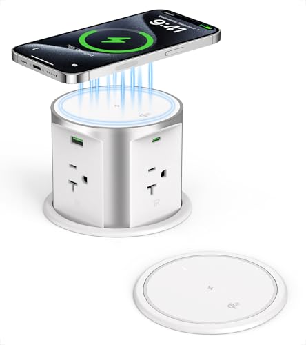 VILONG 20A Pop Up Outlet for Countertop,65W USB-C PD & 15W Qi Wireless Charger,4-Sided AC Outlets Design,Fits 4Inch Hole,Space-Saving Hidden Power Strip for Kitchen Island,Desk & RV,ETL Listed,White