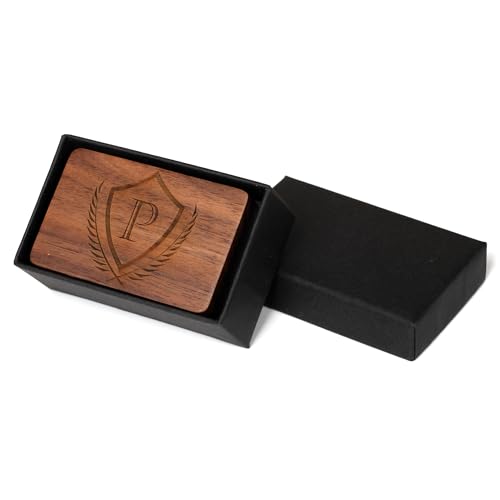 Image of Mens Initial Cufflinks and Tie Clip A-Z Alphabet Letter Black Stainless Cuff Links Tie Bar with Engraved Walnut Wood Box Groom Groomsman Wedding Set