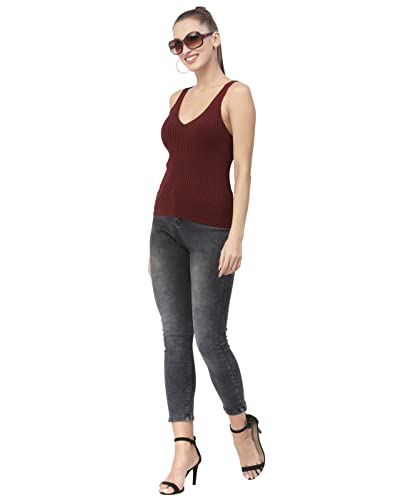 Image of Kalt Women Knitted, Ribbed Cotton Fitted Sleeveless V-Neck Cami Tank Top for Women Stylish