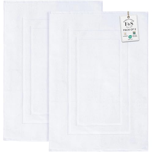 Feather & Stitch 2 Piece Towel Like Bath Mats (30x21 Inch) 100% Cotton Terry Bath Mats Bathroom Shower Floor Mats [NOT A Bathroom Rug] Soft Absorbent Washable Mats - White