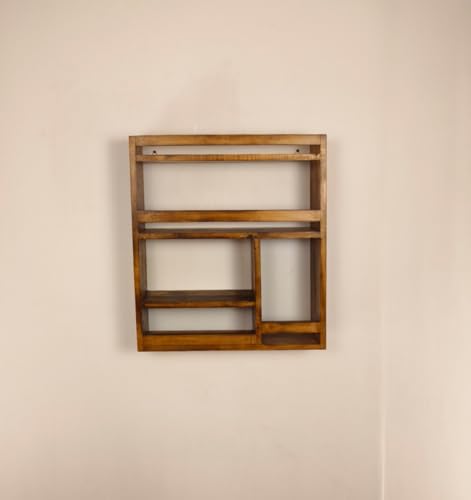 Image of Rustic Wooden Wall-Mounted Spice Rack, Kitchen Storage Organizer with 5 Shelves, Coffee and Condiment Display Stand
