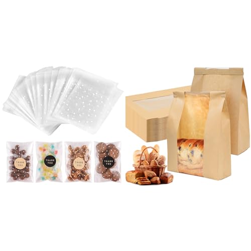 Bundle of 100PACK Self Adhesive Cookie Bags and 150 Pack Sourdough Bread Bags for Toast Sandwich Cookie Snacks Packaging Storage