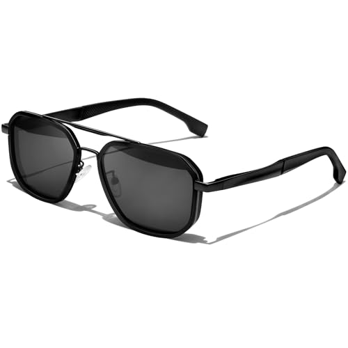 KANASTAL Lunettes de Soleil Homme Polarisées Mode Lunette de Soleil Femme Carré UV400 Rétro Double Pont Noir Mat Cadre Noir Verre
