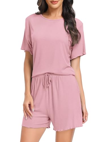 Vlazom Conjunto de Pijama para Mujer de Manga Corta Pijama para Dormir Suave Top y Pantalones Cortos(XL,Rosa Claro)