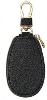 حافظة مفاتيح السيارة من الجلد الصناعي بتصميم عصري بسحاب اغلاق مع سلسلة مفاتيح بخطاف معدني - اسود