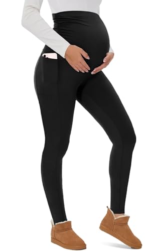 CheChury Leggings Premamá Cintura Alta Térmicos Invierno Leggings de Maternidad para Mujer Opacos Leggins Premama con Forro Pantalones de Maternidad con Bolsillos Suaves Elásticos Ropa Embarazada Yoga