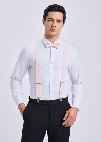 Image of HISDERN Bow Tie and Suspenders for Men Elastic X-Back Suspender and Bowtie Set Adjustable Braces for Wedding Tuxedo
