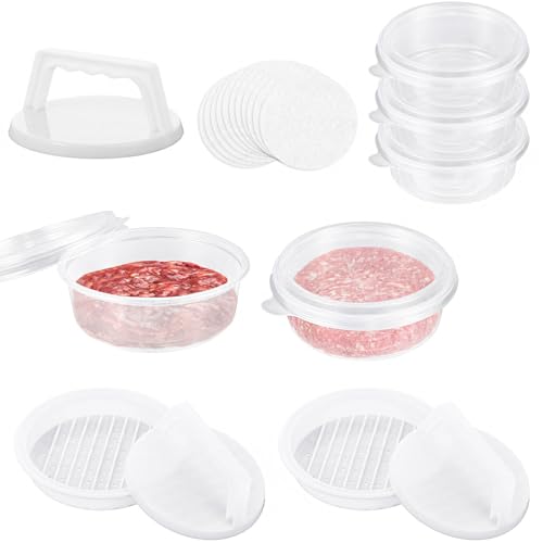 Hamburger Press Patty Maker, Burger Press Patty Makers with 20 Storage Containers and 20 Patty Papers, Hamburger Patty Maker Mold for BBQ Round Burger Shaper for Meat BBQ Grill Accessories