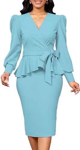 Image of Dresses for Women Elegant Long Sleeves Ruffles Pencil Knee Length Split Business Dress with Belt Zipper