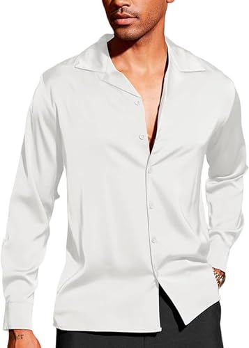 Image of CB-COLEBROOK Men Luxury Satin Silk Dress Shirt - Long Sleeve, Satin, Shiny Button Down, Prom, Wedding Party Shirt