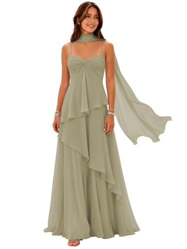 Tiered Ruffles Bridesmaid Dresses with Scarf Long Chiffon Spaghetti Straps