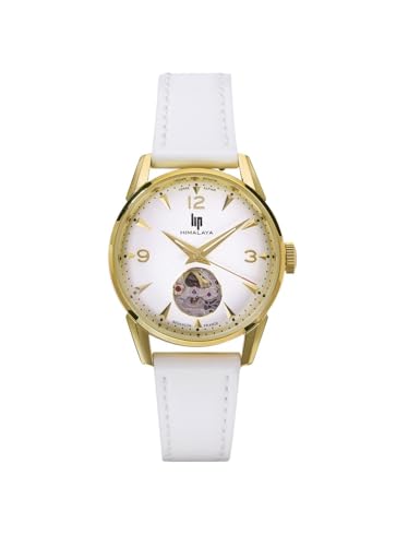 Montre Automatique Lip Himalaya pour femme élégante en acier doré et cuir blanc
