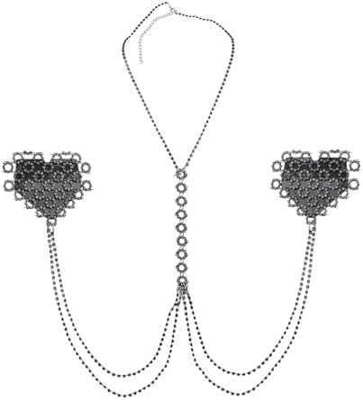 Women Rhinestone Heart Shape Nipple Covers, Reusable Self Adhesive Breast Petals with Body Chain Sexy Pasties Chest Lingerie Accessory for Nightclub Party Music Festival Silver image 4