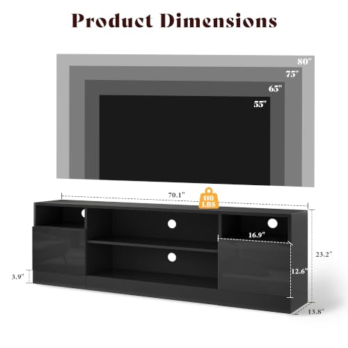 Image of AMERLIFE 70 inch LED TV Stand for TVs up to 80 inch, Modern Entertainment Center with Storage Cabinets & Open Shelves, High-Gloss TV Console for Living Room, Bedroom, Black