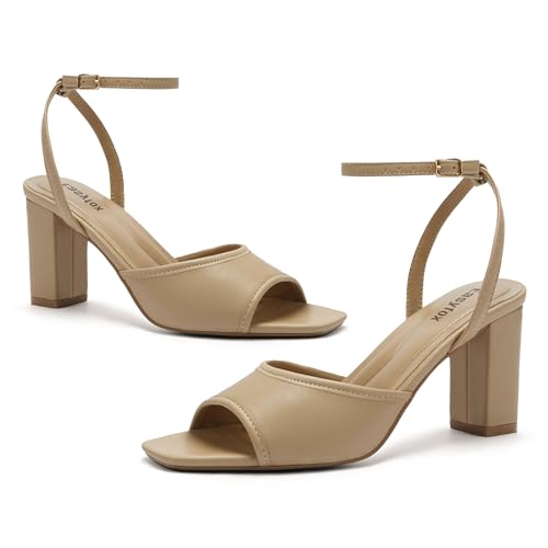 Image of Easyfox Open Toe Chunky Heel Sandals for Women Ankle Strap 3 Inch High Heels Dress Wedding Block Shoes