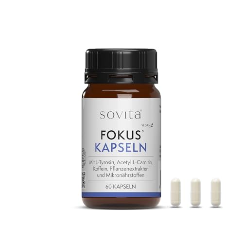 sovita Fokus Kapseln | Mit Koffein & Vitamin B12 für Konzentration & mentale Leistung | L-Tyrosin, Acetyl-L-Carnitin & L-Theanin aus grünem Tee | Zink für die kognitive Funktion | Vegan | 60 Kapseln