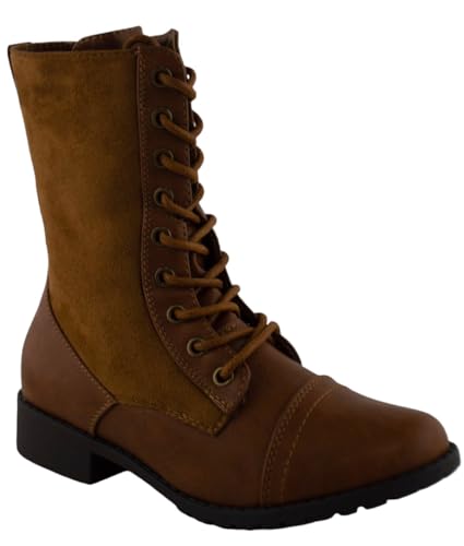 Image of Forever Link Womens Round Toe Military Lace Up Knit Ankle Cuff Low Heel Combat Boots