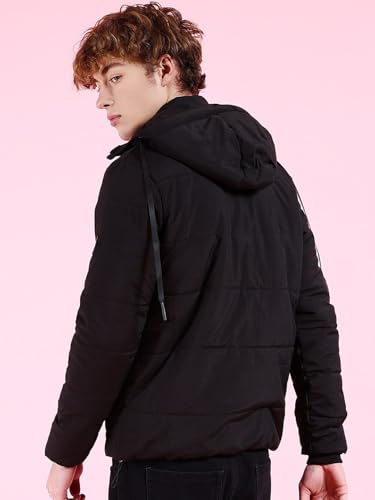 Image of The Indian Garage Co Men Black Regular Fit Solid Hooded Bomber Jacket