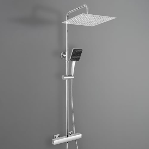 Auralum Columna Ducha Termostática Cromo con Grifo, Kit Completo Ducha Lluvia 30cm Acero Inox 304, Barra Regulable 88-124cm, Ducha de mano con 6 modos