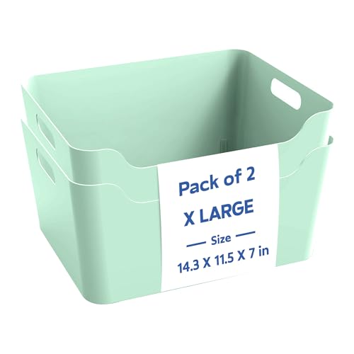 Image of KOLORR Jolly Plastic XL Baskets with Handle for Storage Box| Multipurpose Light Weight Plastic Baskets organiser for Clothes Toys Stationary Cosmetics Livingroom Bathroom | Pack of 2 - Mint