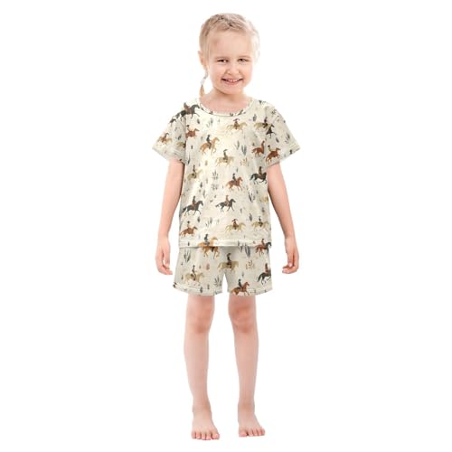ALAZA Horse Riding Tree Leaf Pajamas Set Short Sleeve Cotton Sleepwear Summer Pjs 2 Piece 5-14Y3
