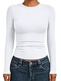 AUTOMET Womens Long Sleeve Shirts Basic Compression Tops Slim Fit Crew Neck Layering Underscrubs Y2K Going Out Clothes White L