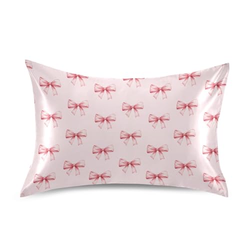 Pink Ribbon Bow Pillow Covers Silk Pillowcase for Hair and Skin Breathable Soft Satin...