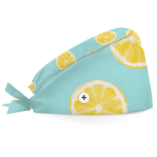 Mularoka Watercolor Lemon Slices Working Caps with Button Sweatband Comfortable Adjustable Bouffant Hats Work Hat for Women Men