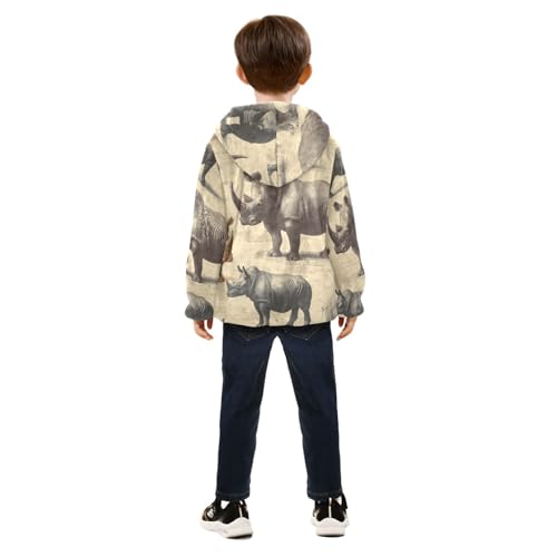 Retro Rhinoceros Pattern Prints Toddler Fleece Jacket Girl Boys Hooded Fleece Jacket Coat Warm Outwear Zip-up 3-10T4