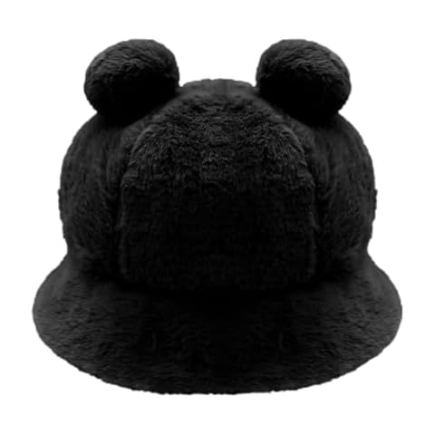 Cnorialy Winter Faux Fur Bucket Hat, Fluffy Fuzzy Warm Hat, Cute Fisherman Hats, Plush Bucket Hat for Women Men (Bear Black) Cover