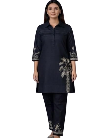 Women’s Black Printed Kurti Pant Set – Elegant Floral Print Straight Kurta with Pants Stylish Ethnic Office Wear Co-Ord Set for Women-image-42
