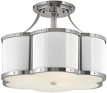 Hinkley Chance Three Light Medium Semi-Flush Mount Fixture, Classic, Timeless Details, Etched Lens, Polished White w/Polished Nickel Accents