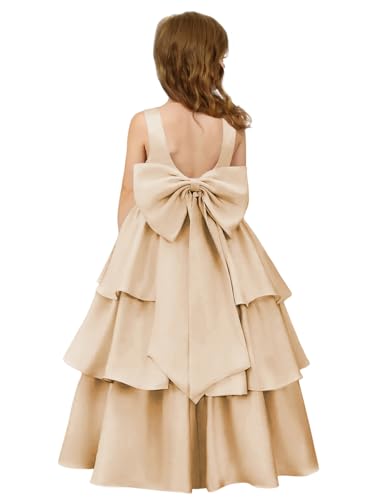 Girls Crewneck Layers Flower Girl Satin Pageant Dress with Bow Knot Backless Birthday Party Formal Dress