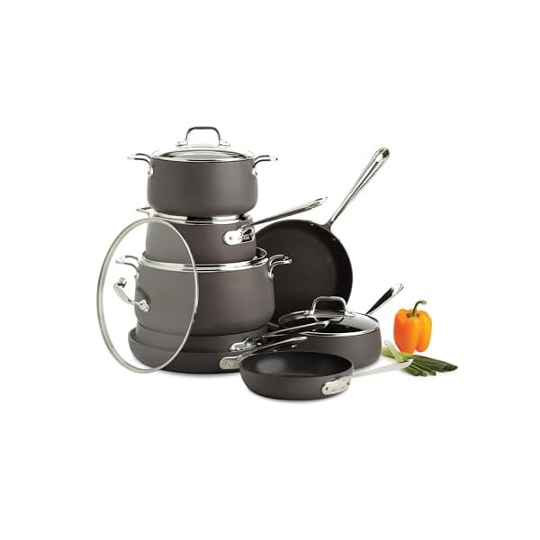 All clad ha1 hard anodized nonstick cookware set 13 piece induction oven broiler safe 500f lid safe 350f pots and pans black  urban country home decor