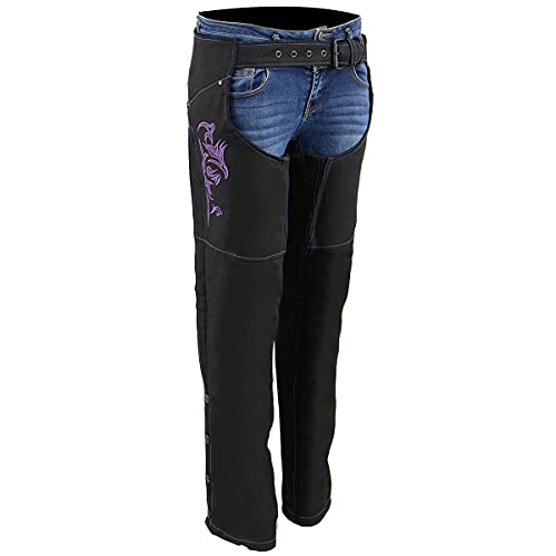 Milwaukee Leather SH1182 Women's Black with Purple Textile Motorcycle Riding Chaps with Tribal Embroidery - Small
